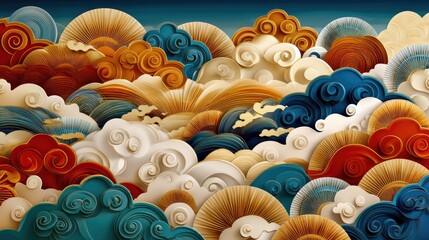 An abstract, decorative background composed of stylized clouds and fan shapes in red, blue, gold, and white. The scene evokes a festive and traditional Asian ae