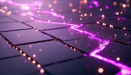 An abstract digital circuit board with glowing purple neon lines and scattered bokeh lights, suggesting data flow and connectivity in a futuristic, technologica