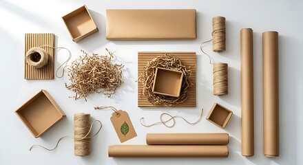 A flat lay arrangement of various eco-friendly packaging materials including cardboard boxes, paper shred, twine, and kraft paper rolls.