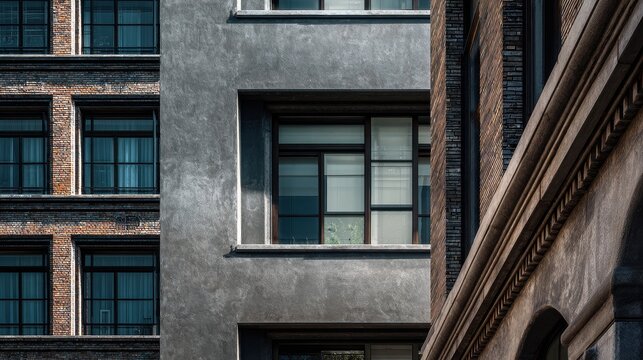 Contrasting modern building facades with varied textures and geometric window patterns.