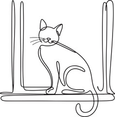 Continuous line art illustration of cat perched on windowsill with hand-sketched contour