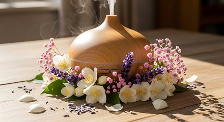Aromatherapy diffuser surrounded by fresh jasmine and lavender flowers on a wooden table.