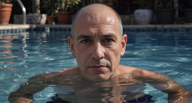 middle-aged man with intense gaze emerging from swimming pool water, looking at the camera.