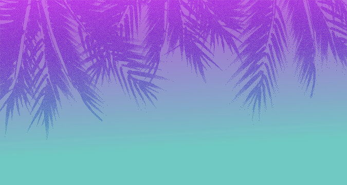 Abstract tropical sunset background with large palm leaves created in a halftone, dotwork style. Calm, clean composition ideal for modern designs, travel themes, and minimalist nature art