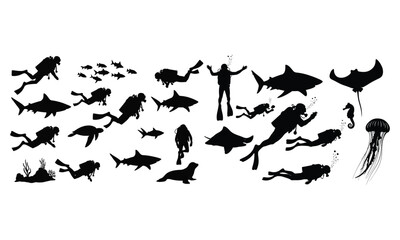 Underwater silhouettes: divers, sharks, rays, and marine life icons.