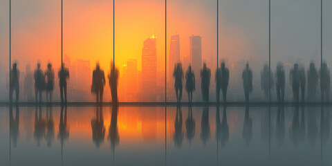 Team silhouettes standing by office large glass window watching city skyline during sunset, dramatic orange and gold tones, cinematic lighting, glossy reflections, business success theme