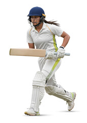 Fototapeta premium Female batsman in white uniform running between wickets on isolated background