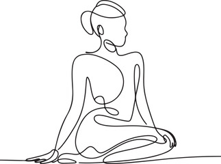 Continuous line art illustration of figure in seated side twist with hand-sketched contour