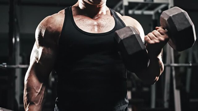 Muscular man lifting dumbbell at gym. Strength training workout for healthy body and fitness lifestyle with heavy weights barbell.