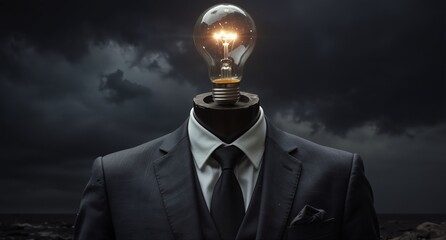 business man with a light bulb for a head representing ideas and innovation against a stormy sky