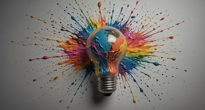 colorful paint explosion inside a lightbulb representing creative ideas and innovation. - Powered by Adobe