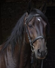 Fototapeta premium dark bay horse with blaze and bridle standing in stable doorway, equine portrait.
