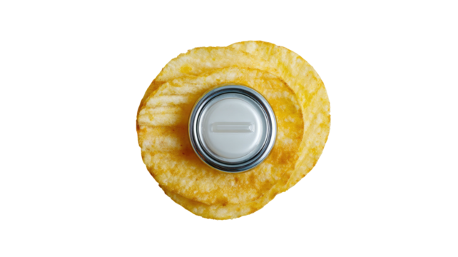 Potato chip with a metal button object in the center, top view