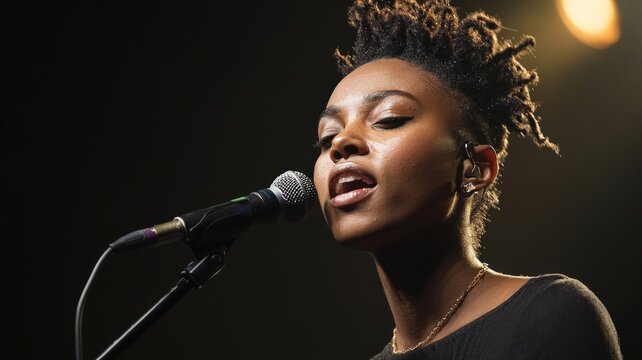 A non-binary poet performing spoken word on stage, deep emotions, artistic expression