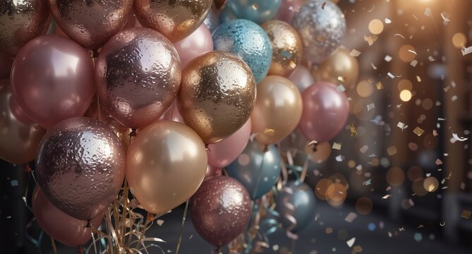 festive balloon bouquet with confetti and bokeh lights for celebration events
