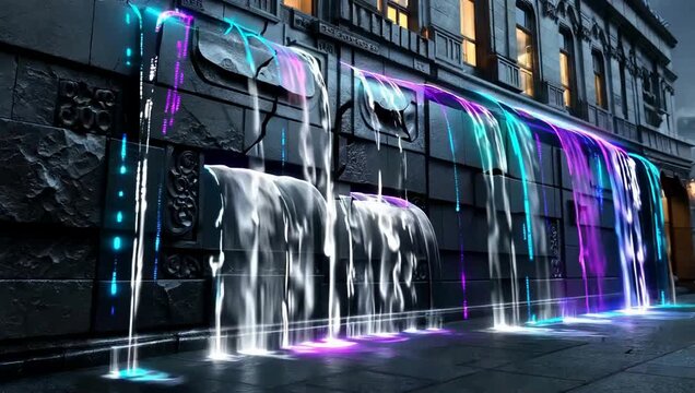 Futuristic Digital Waterfall Display on City Building Facade Vibrant Neon Light Data Stream Flowing Down Architectural Structure Abstract Cyberpunk Installation Art