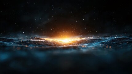 An abstract digital visualization featuring a wavy, illuminated surface composed of countless small particles, set against a dark, star-filled background with a