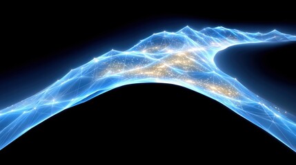 A futuristic digital landscape with a glowing blue network overlaying a dark background, featuring illuminated nodes and abstract terrain.