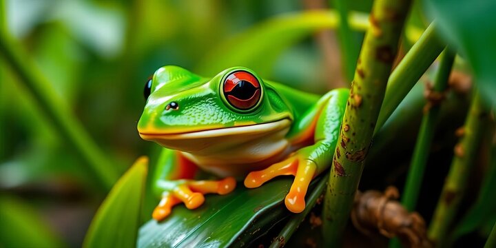 Close-up of vibrant green frog in lush rainforest habitat,  bufonidae,  environment