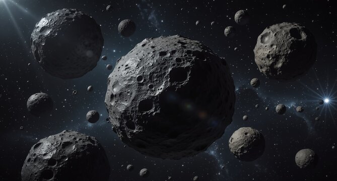 asteroid field with rocky space debris and craters in a dark nebula, cosmic background