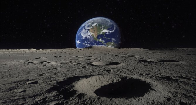 earthrise over lunar surface with impact craters and a vast, desolate landscape.