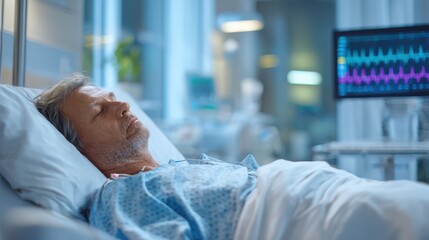 Quiet clinical ward moment: patient asleep with fingertip sensor and life signs monitor