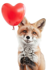 Obraz premium A cute fox cub stands on a transparent surface, holding a string attached to a vibrant heart-shaped balloon. The scene captures the charm of youthful spirit and affection
