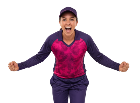Excited female cricket player in purple uniform celebrating victory