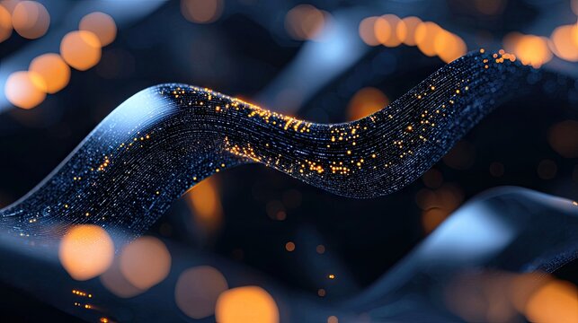An abstract digital wave composed of tiny blue particles with scattered orange glowing dots, set against a dark, blurred background with bokeh lights. The overa