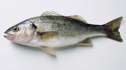 Obraz premium Raw sea bass isolated on white background with natural skin tones and moist texture