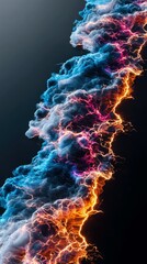 An abstract representation of energy, with swirling clouds of blue and white smoke illuminated by vibrant orange and pink lightning strikes against a dark backg