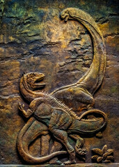 a detailed, bronze relief sculpture featuring two dinosaurs in a dramatic pose, a moment of conflict between the Velociraptor interacting with a long-necked sauropod © Roberto Sorin