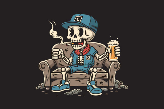 Cartoon skeleton chilling on a couch smoking and drinking beer.
