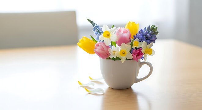 A charming bouquet of spring flowers including tulips, daffodils, and hyacinths arranged in a white teacup on a wooden table. - Powered by Adobe