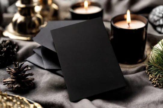 Black blank greeting card mockup surrounded by pine cones and burning candles for holiday event