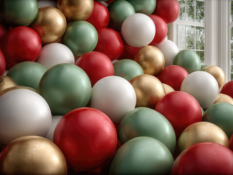 Red, green, gold, and white balloon wall creates festive atmosphere in bright room with large windows and natural light