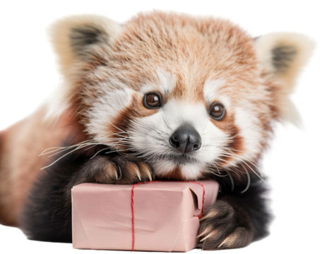 A cute panda cub is sitting on a clear surface, gently holding a small valentine gift box with its paws. The adorable expression adds to the charm of the moment