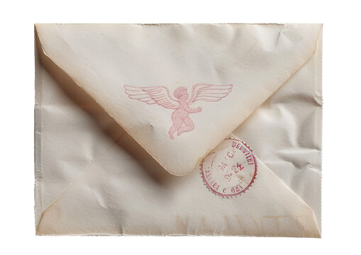 This is an isolated airmail envelope featuring a delicate cupid stamp on its front. The envelope appears slightly crumpled, adding a sense of history and charm