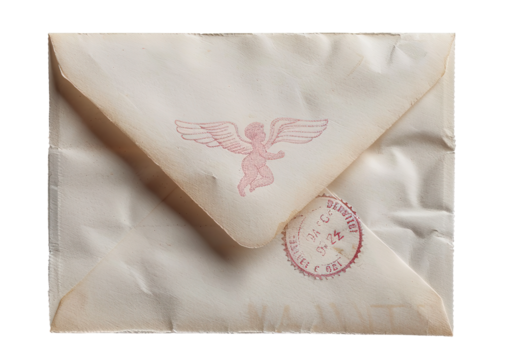This is an isolated airmail envelope featuring a delicate cupid stamp on its front. The envelope appears slightly crumpled, adding a sense of history and charm