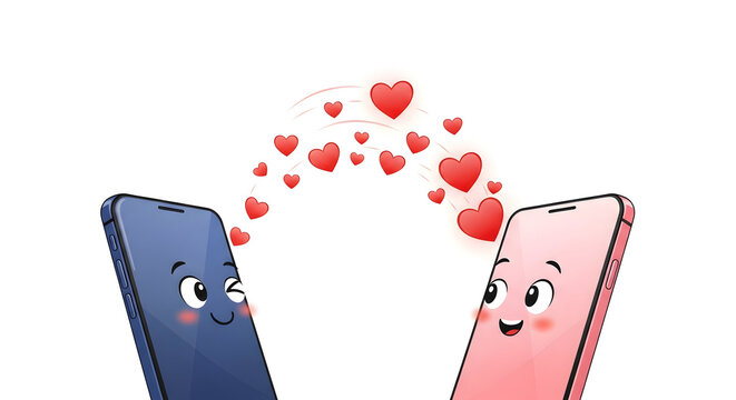 Smartphones sending hearts connecting remotely communication love