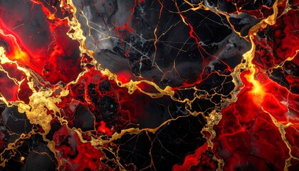 Abstract pattern of black with vibrant red accents and golden veining