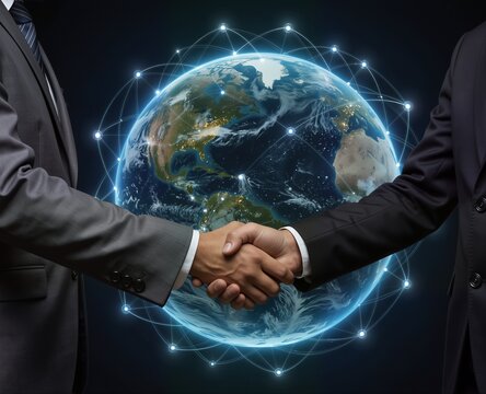 global business partnership handshake with connected earth network digital illustration.