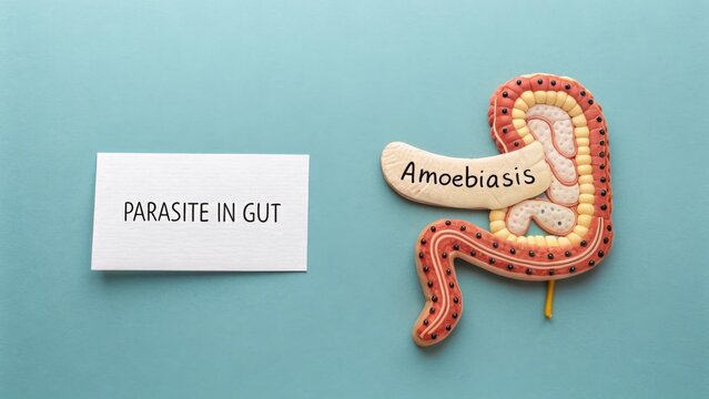 Diagram of intestine showing amoebiasis infection on a blue surface