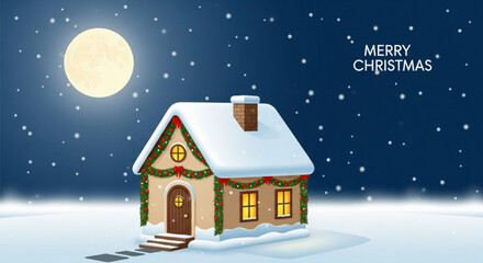 Naklejka premium Charming Christmas house glows under a snowy night sky, spreading holiday cheer and festive warmth, perfect for greeting cards and seasonal promotions
