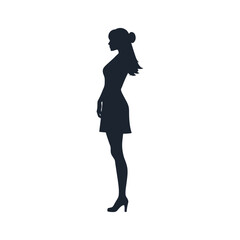 Silhouette of a woman standing in profile wearing a dress and high heels, with hair tied up.