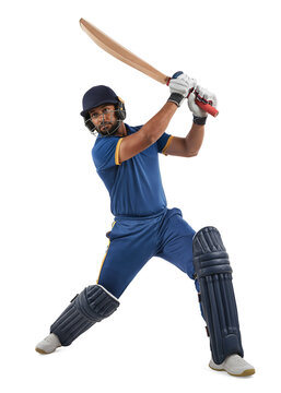 Cricketer in blue uniform playing a lofted shot on isolated background