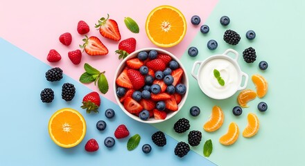 A vibrant overhead shot of a colorful assortment of fresh fruits and yogurt arranged artfully on a pastel background.