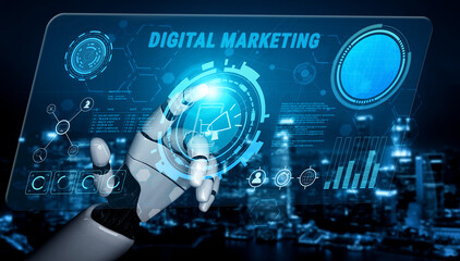 AI powered digital marketing strategy for online business promotion and advertising. A concept of AI campaign management for brand growth. Motif