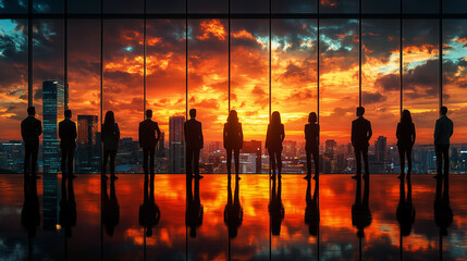 Team silhouettes standing by office large glass window watching city skyline during sunset, dramatic orange and gold tones, cinematic lighting, glossy reflections, business success theme