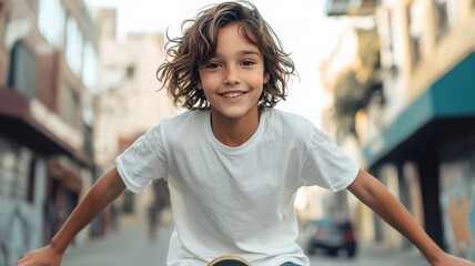 A non-binary teenager skateboarding with confidence, urban background, street-style aesthetic